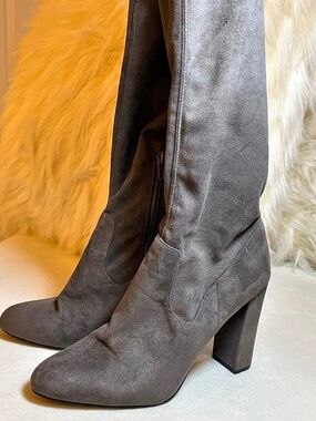 Cambridge Select - charcoal gray soft faux-suede, high block heel, Knee-Hi Boots